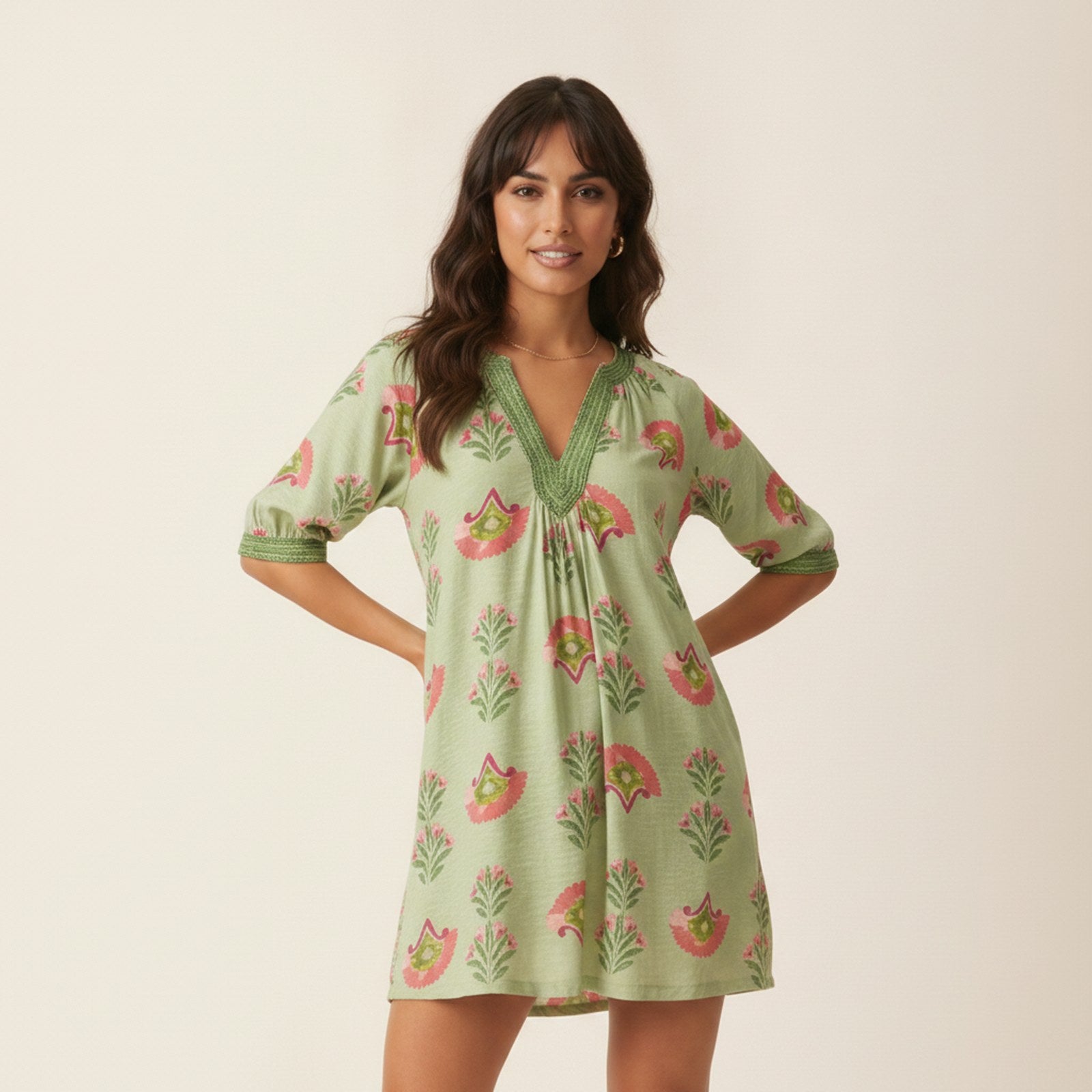 AIv2: Marlowe Abstract Print Mini Dress — Sage - Detail