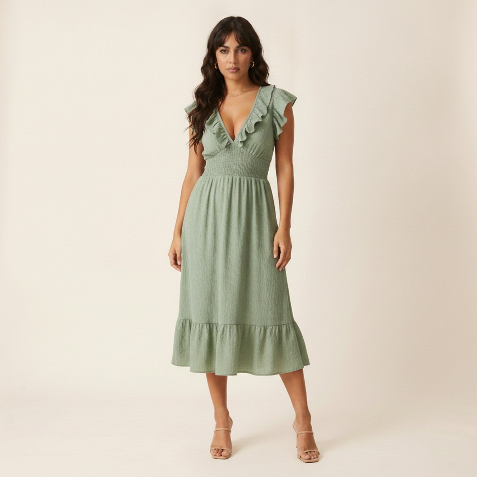 AIv2: Uma | Women's Textured Ruffle Midi Dress - SAGE