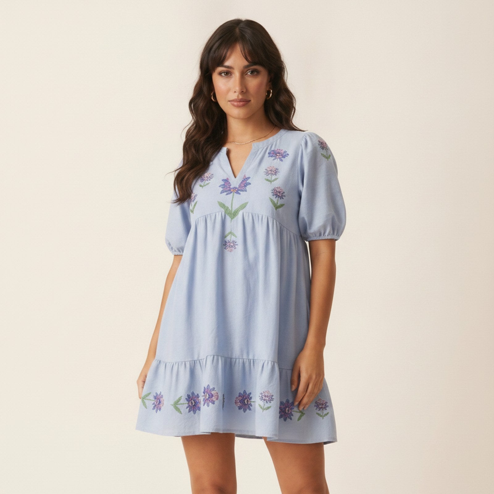 AIv2: Florence Embroidered Floral Babydoll Dress — Misty Blue - Detail