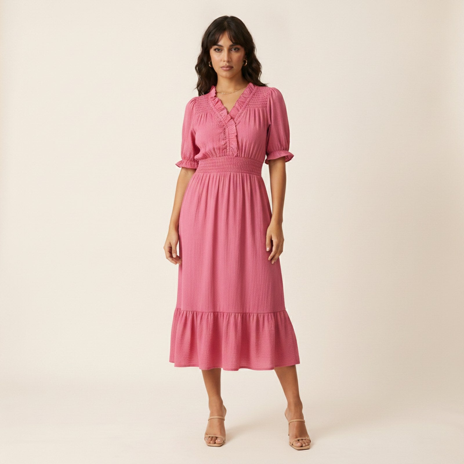 AIv2: Odette | Women's Ruffle V-Neck Midi Dress - Hero Front
