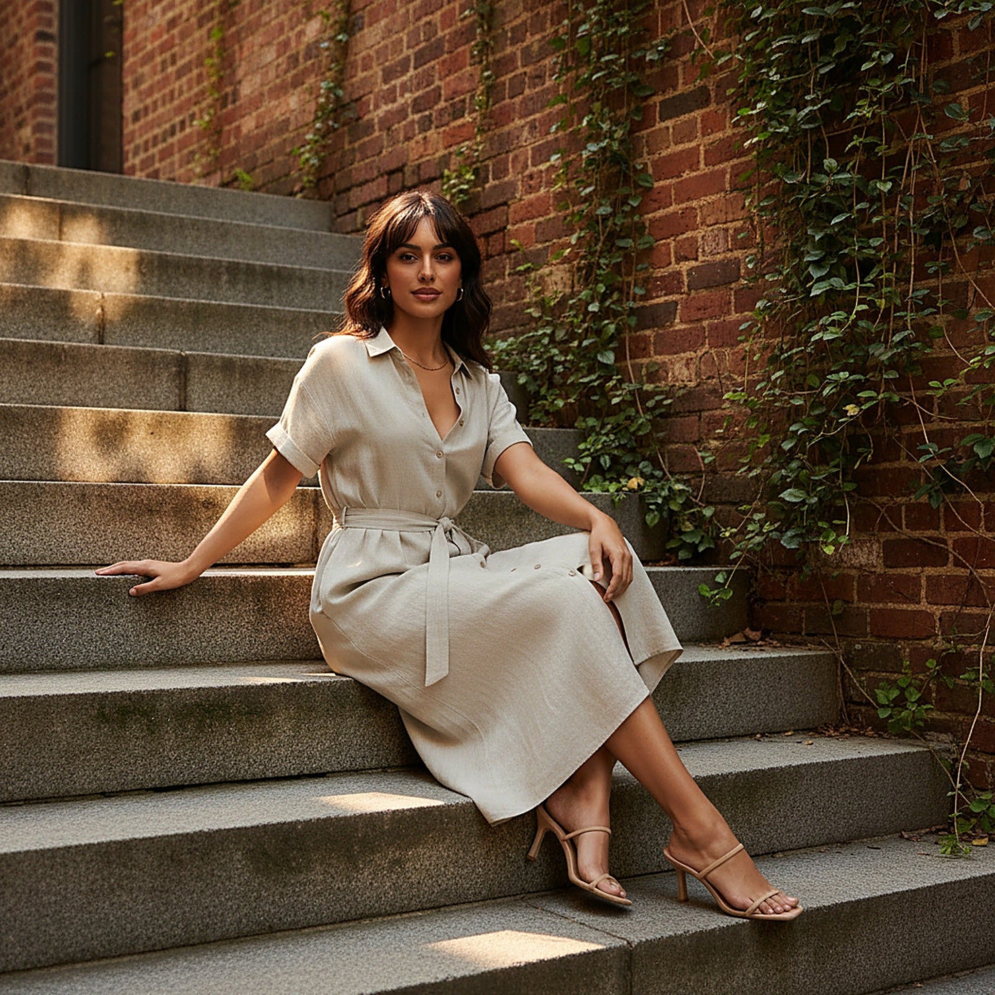 Amalfi | Women's Linen Blend Midi Dress - Lifestyle Editorial