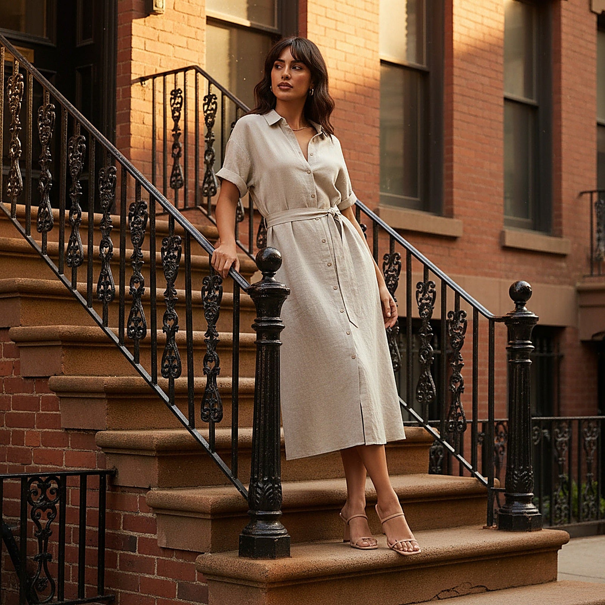 Amalfi | Women's Linen Blend Midi Dress - Lifestyle Golden Hour