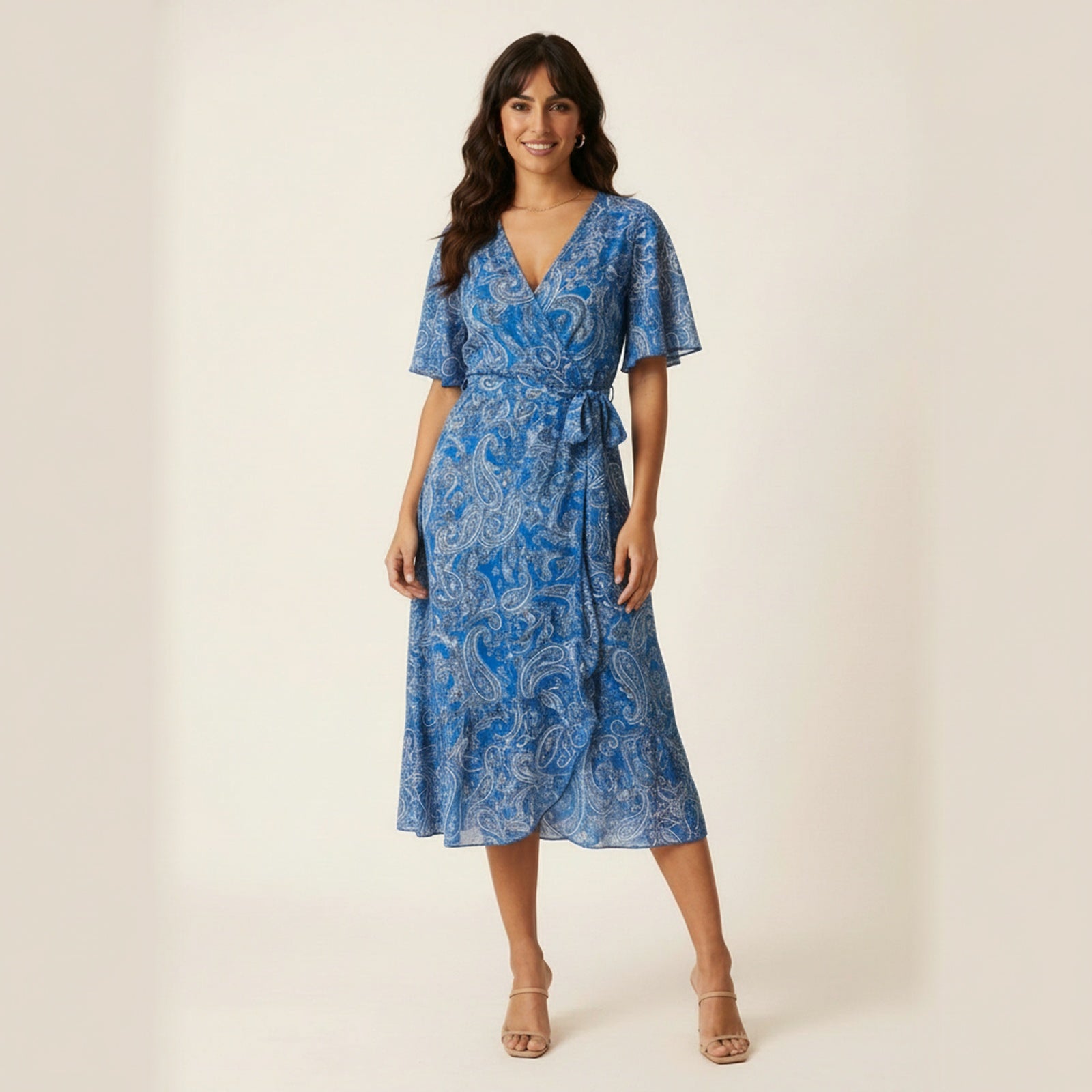 Bali" Kimono Wrap Midi Dress - Blue Paisley