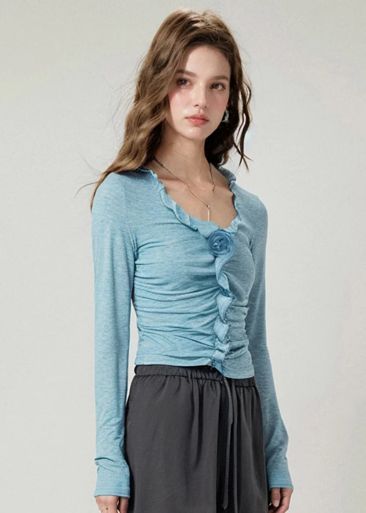 Boutique Blue Cotton Pleated V-Neck T-Shirt for Autumn