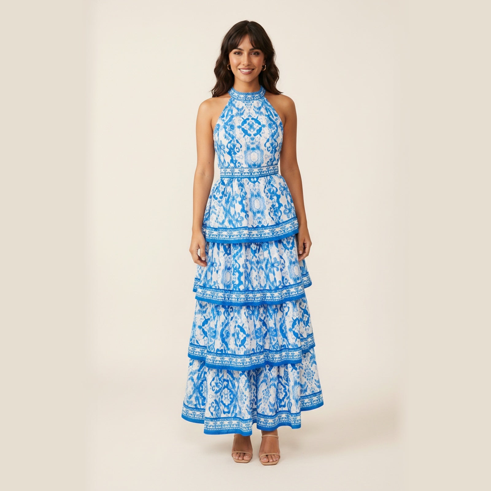 Blushing Blossom | Women's Floral Woven Halter Maxi Dress - Hero Front