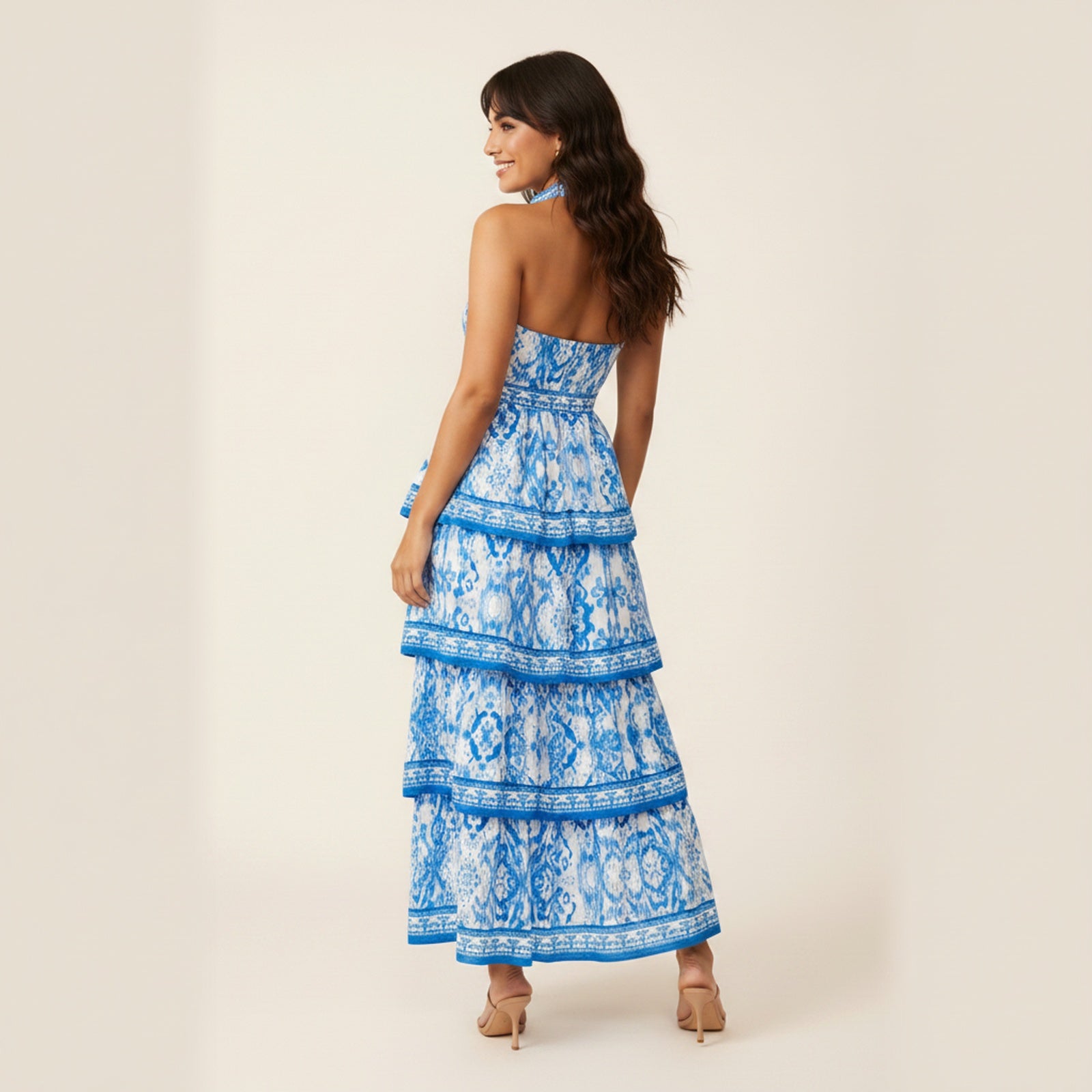 Blushing Blossom | Women's Floral Woven Halter Maxi Dress - Back View