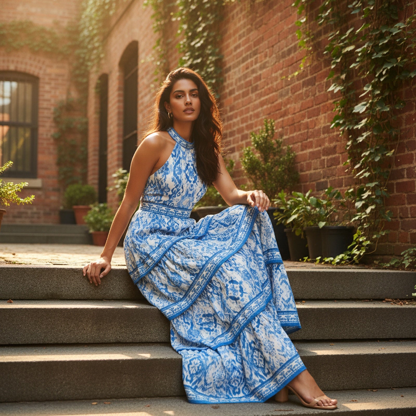 Blushing Blossom | Women's Floral Woven Halter Maxi Dress - Lifestyle Editorial