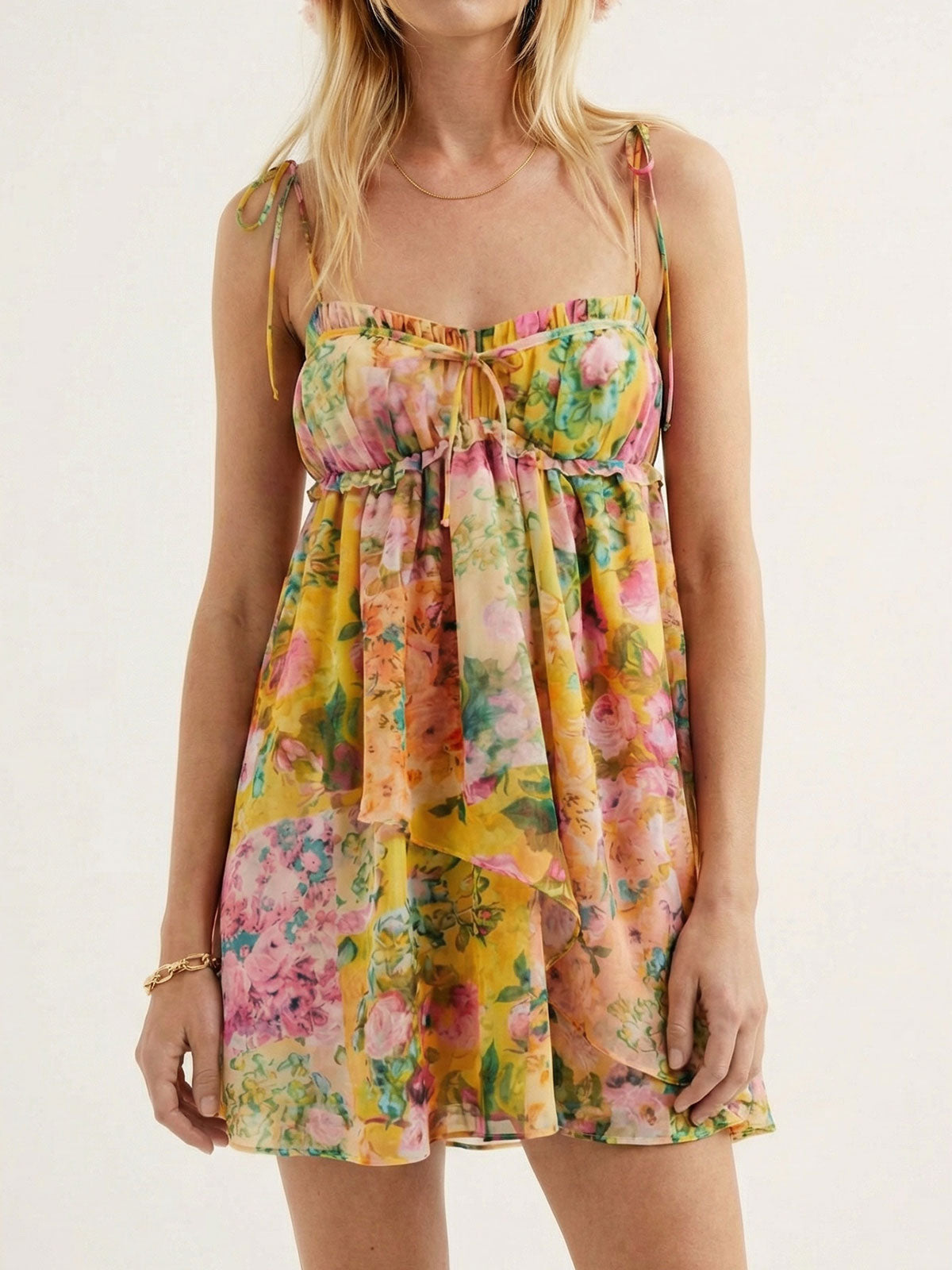 Boho Floral Tie Shoulder Resort Chiffon Babydoll Micro Mini Dress