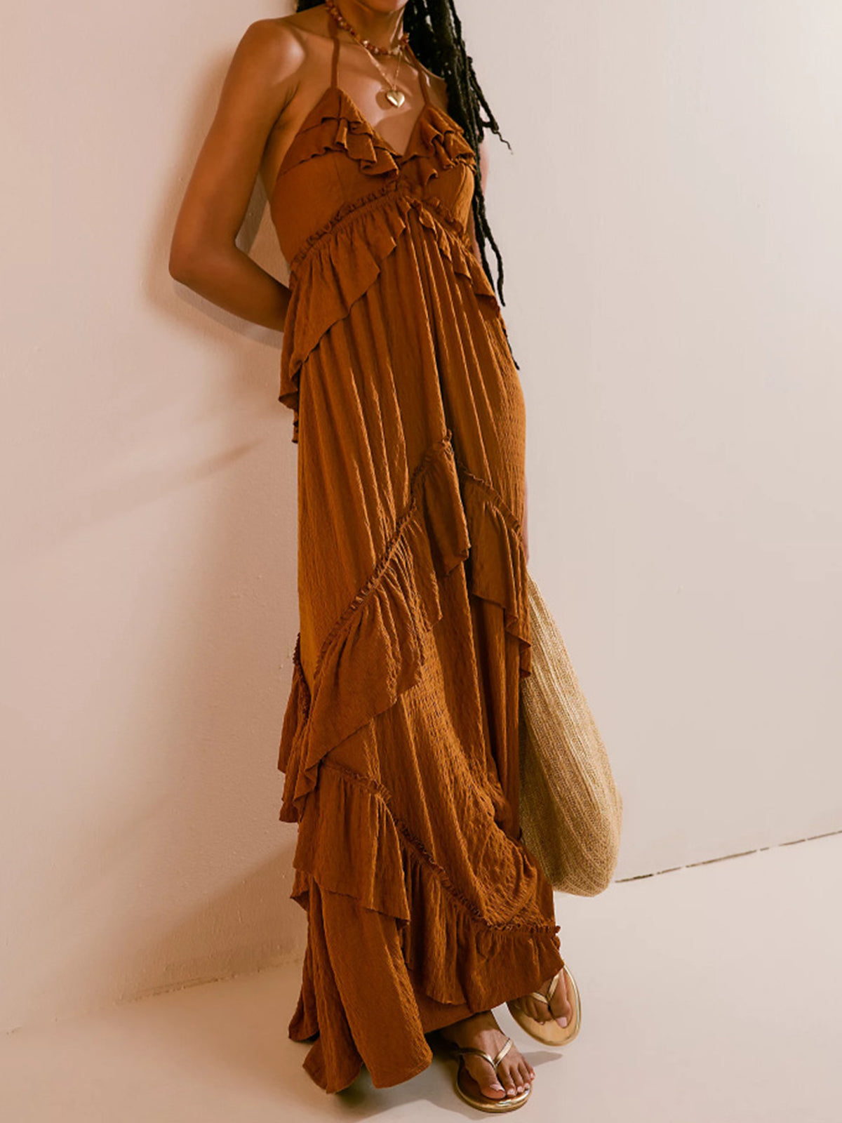 Boho Halter Tie Back Tiered Ruffle Resort Crinkled Babydoll Maxi Dress
