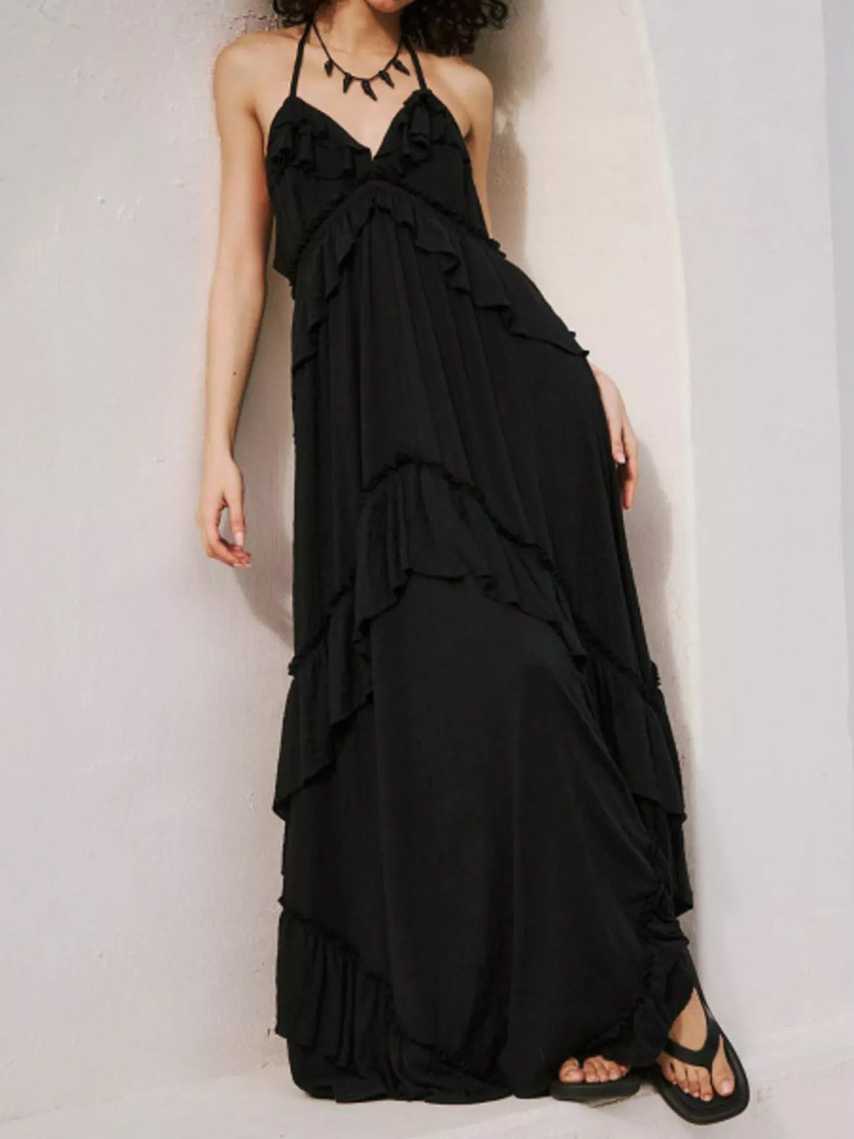 Boho Halter Tie Back Tiered Ruffle Resort Crinkled Babydoll Maxi Dress