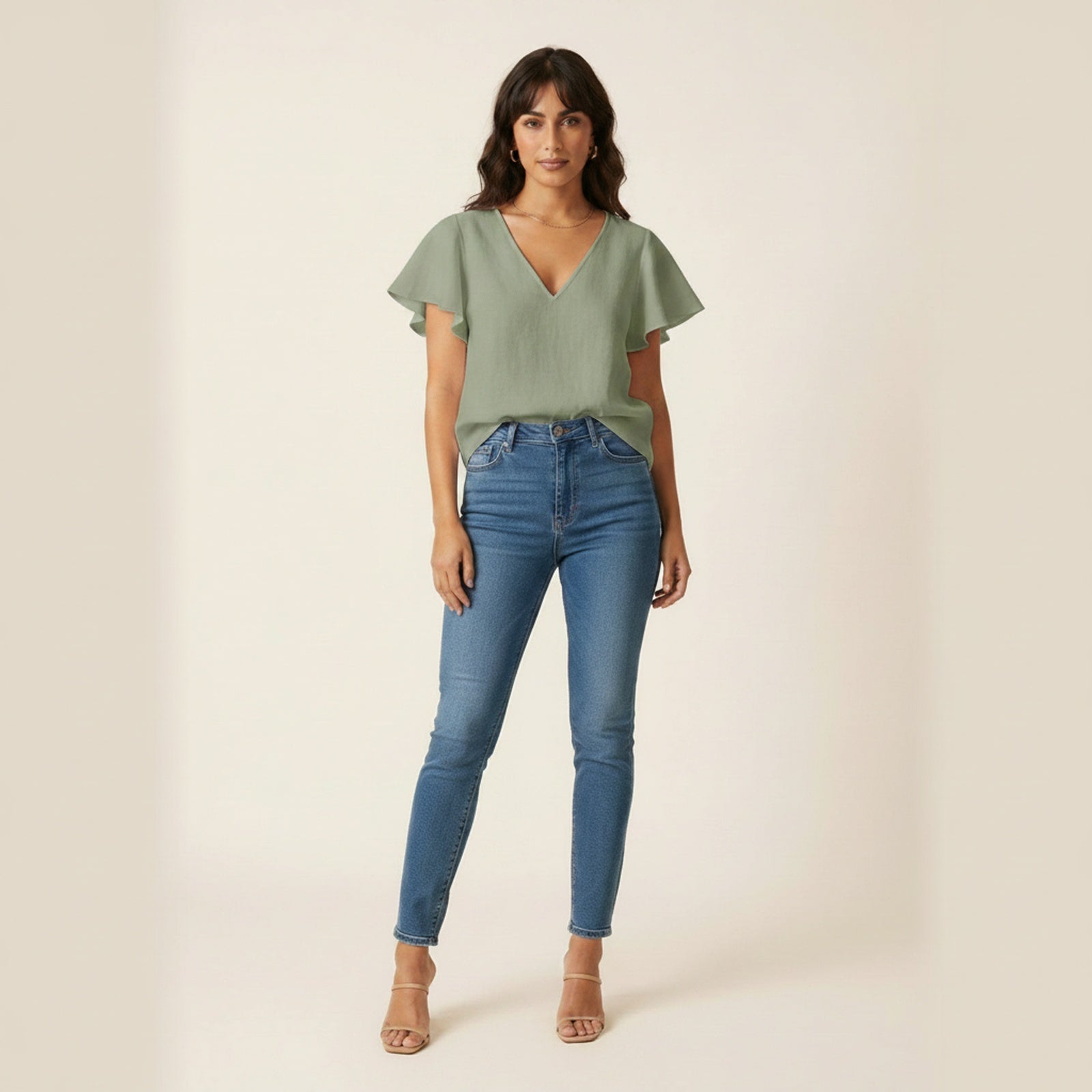 Breezy Flutter Sleeve Linen Blouse - Sage
