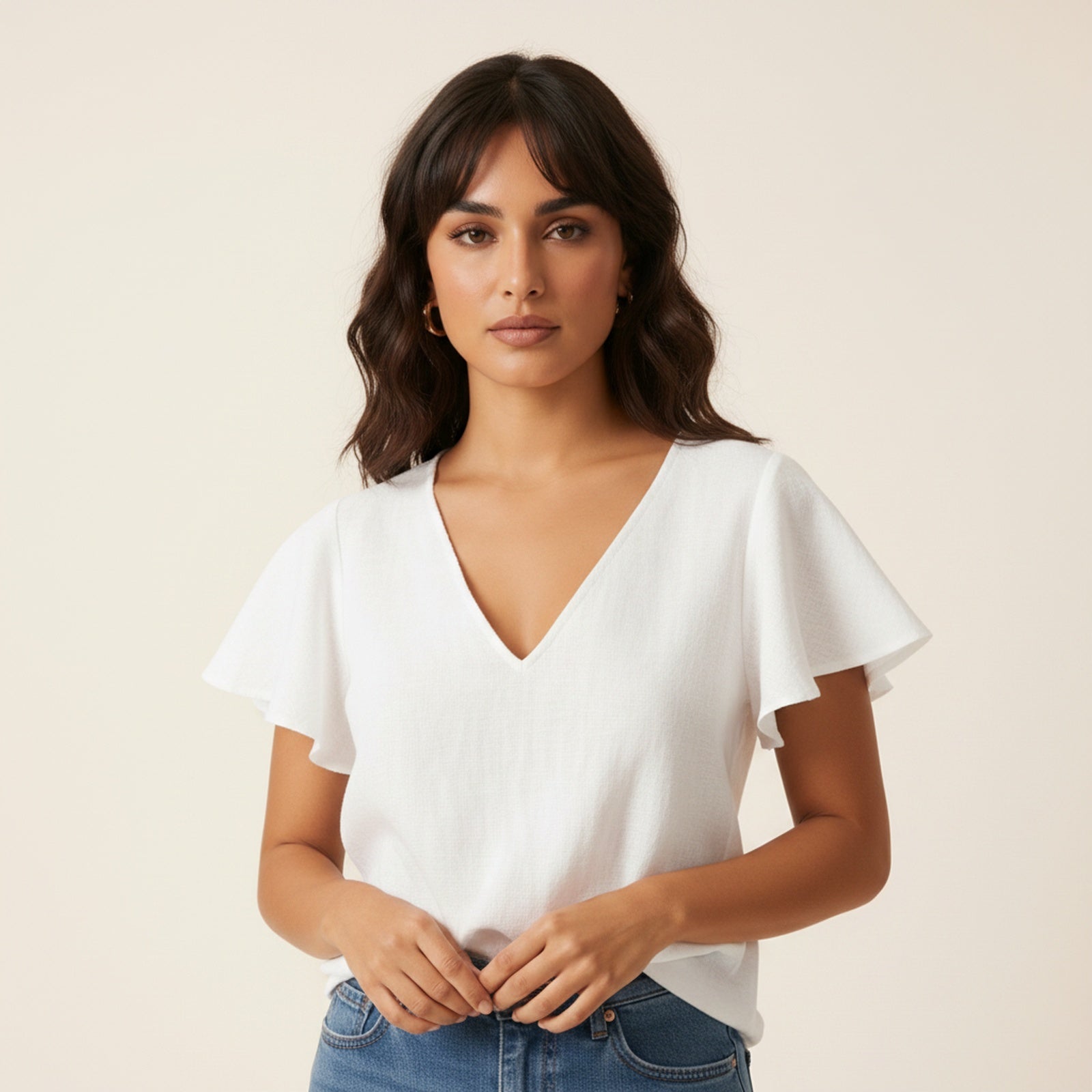 Breezy | Women's Flutter Sleeve Linen Blouse - Detail Close-up