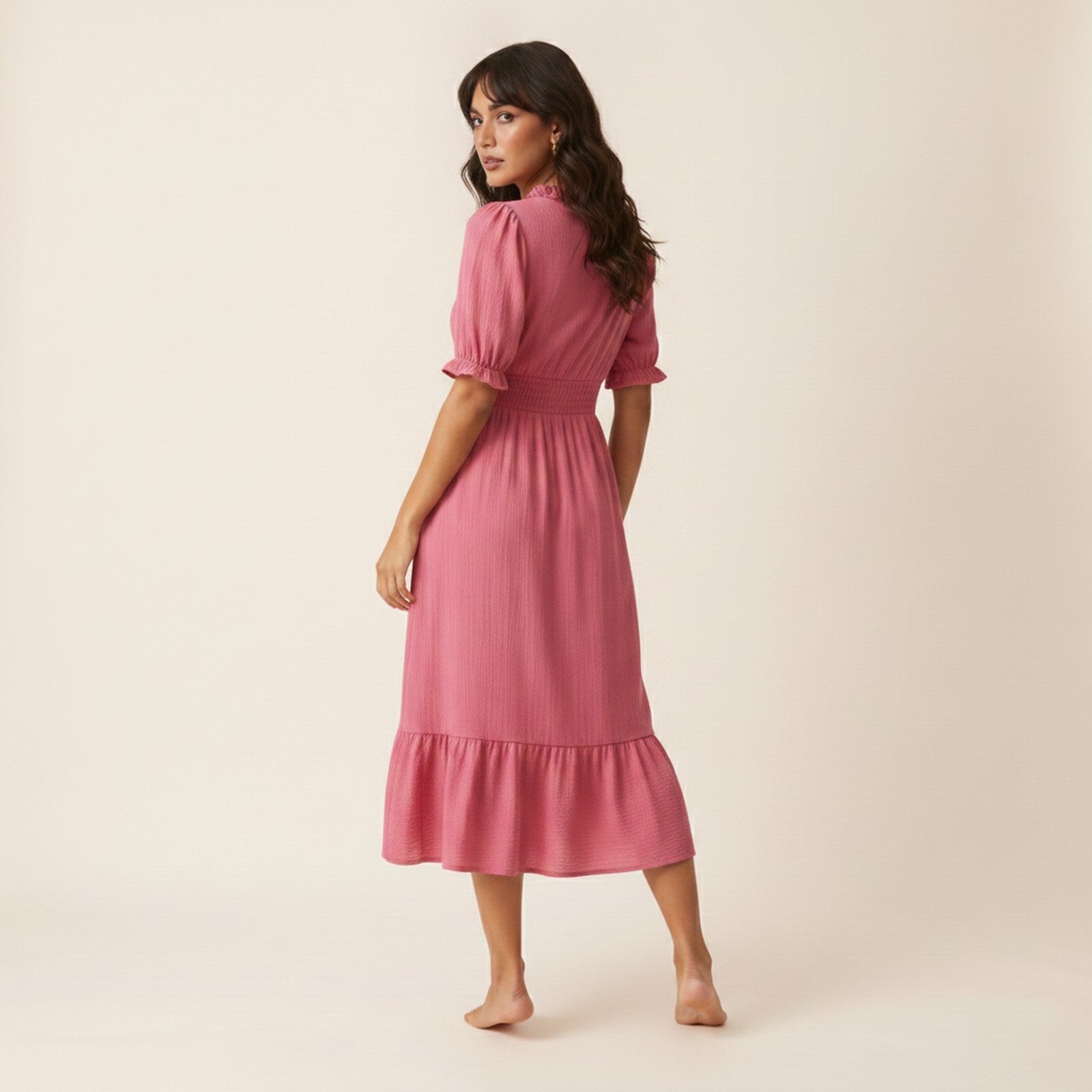 AIv2: Odette | Women's Ruffle V-Neck Midi Dress - Back View