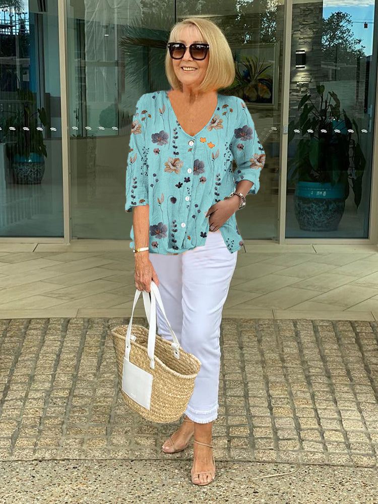 Teresa - Elegant Floral Blouse with Buttons