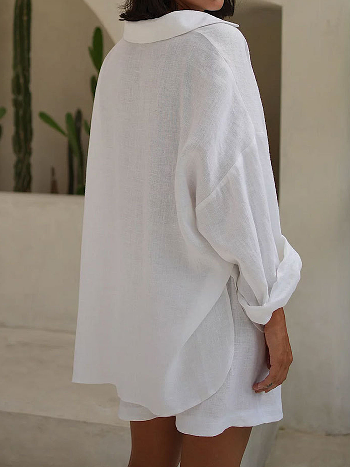 Chic Buttoned Shirt High Rise Short Resort Cotton Blend Two Piece Set