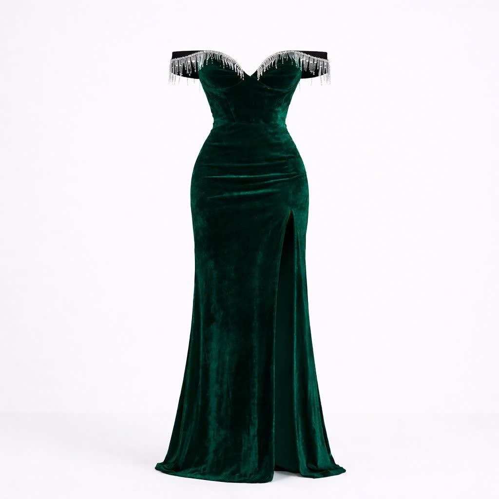 Women’s Emerald Off Shoulder Maxi Dress - Sculpted Bodice