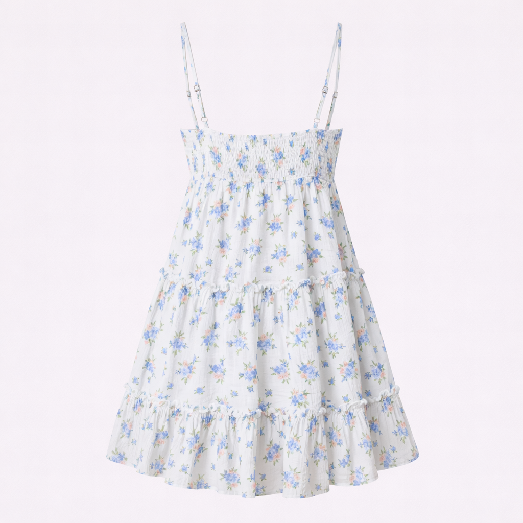 Women’s Blue Floral Structured Romper Dress - Square Neck