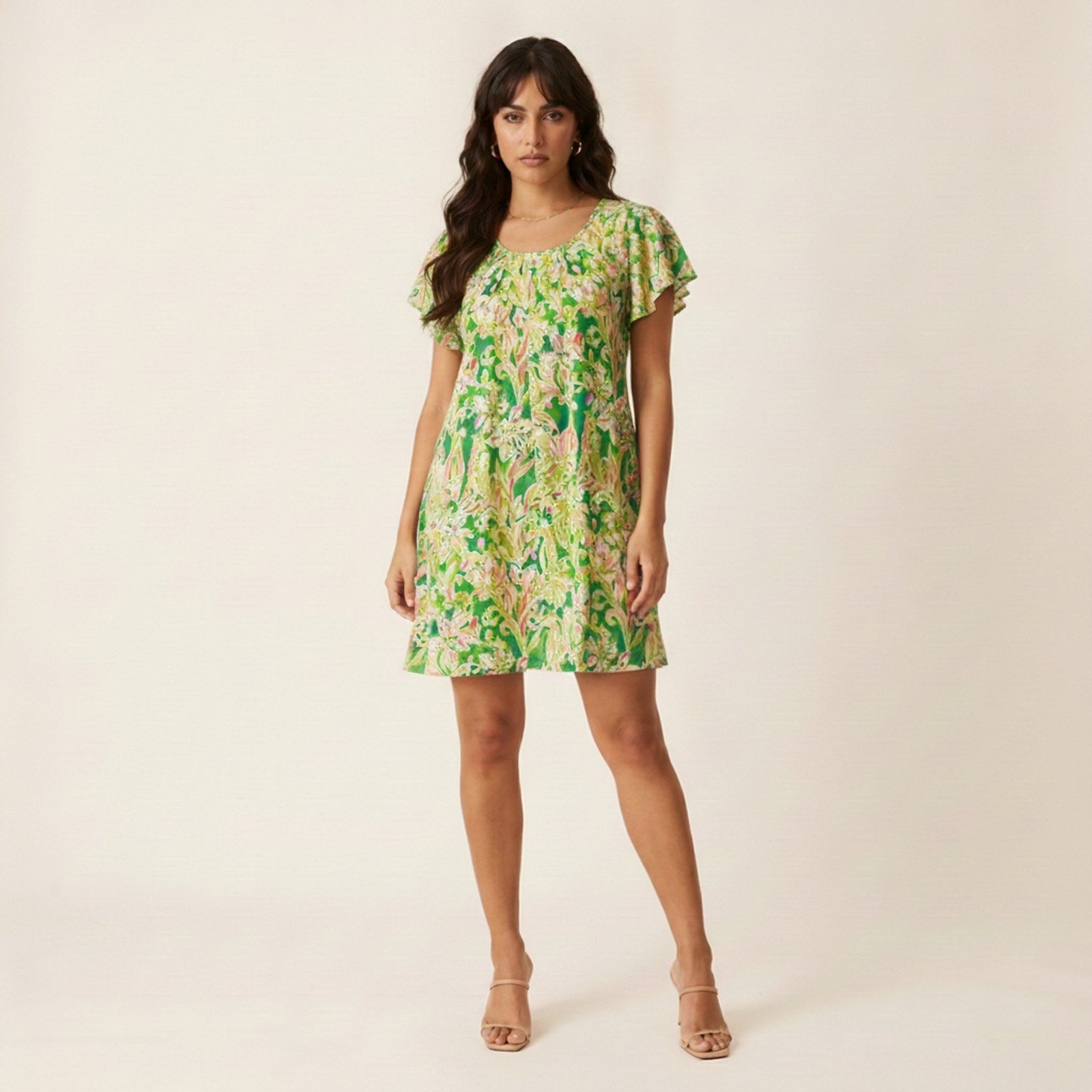 AIv2: Bea | Women's Tropical Floral Flutter Sleeve Swing Dress - Detail