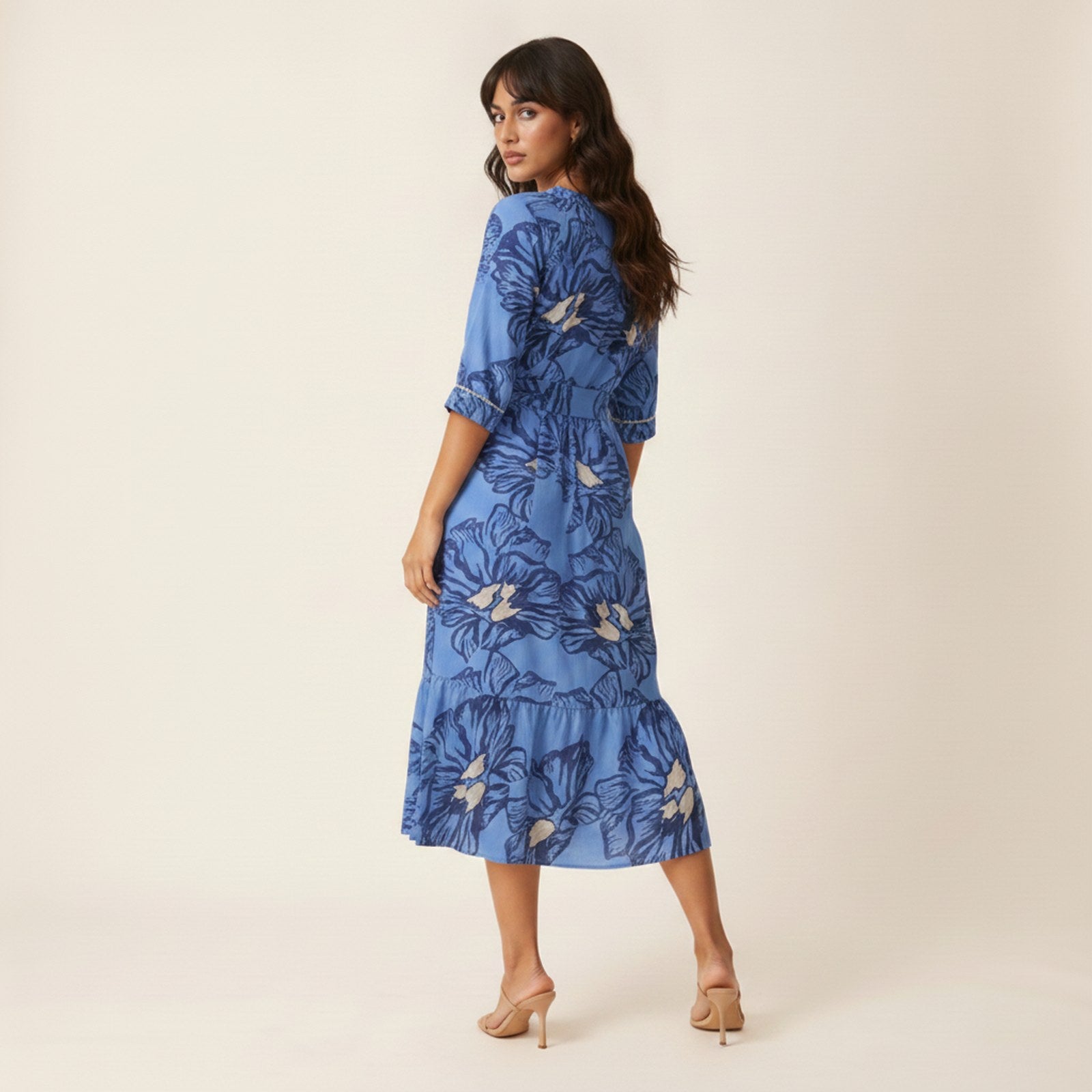 AIv2: Aria | Women's Floral Belted Midi Dress - Back View