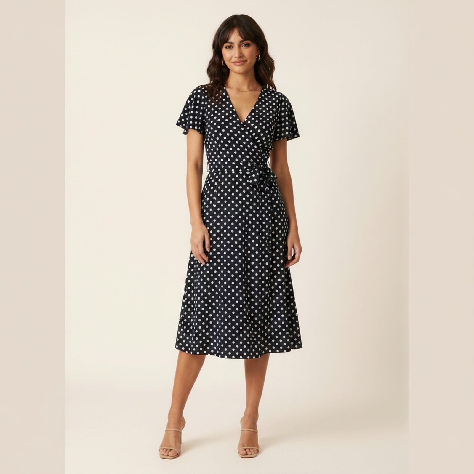 Dotty Polka Dot Wrap Midi Dress - Navy-White