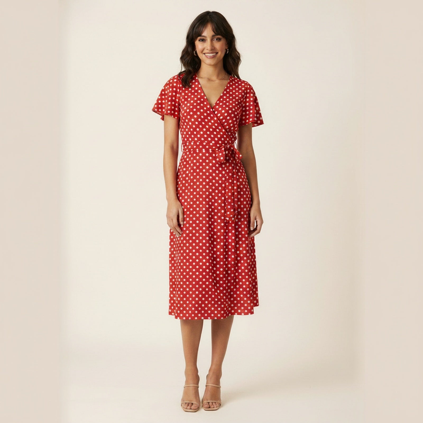 Dotty Polka Dot Wrap Midi Dress - Red-White
