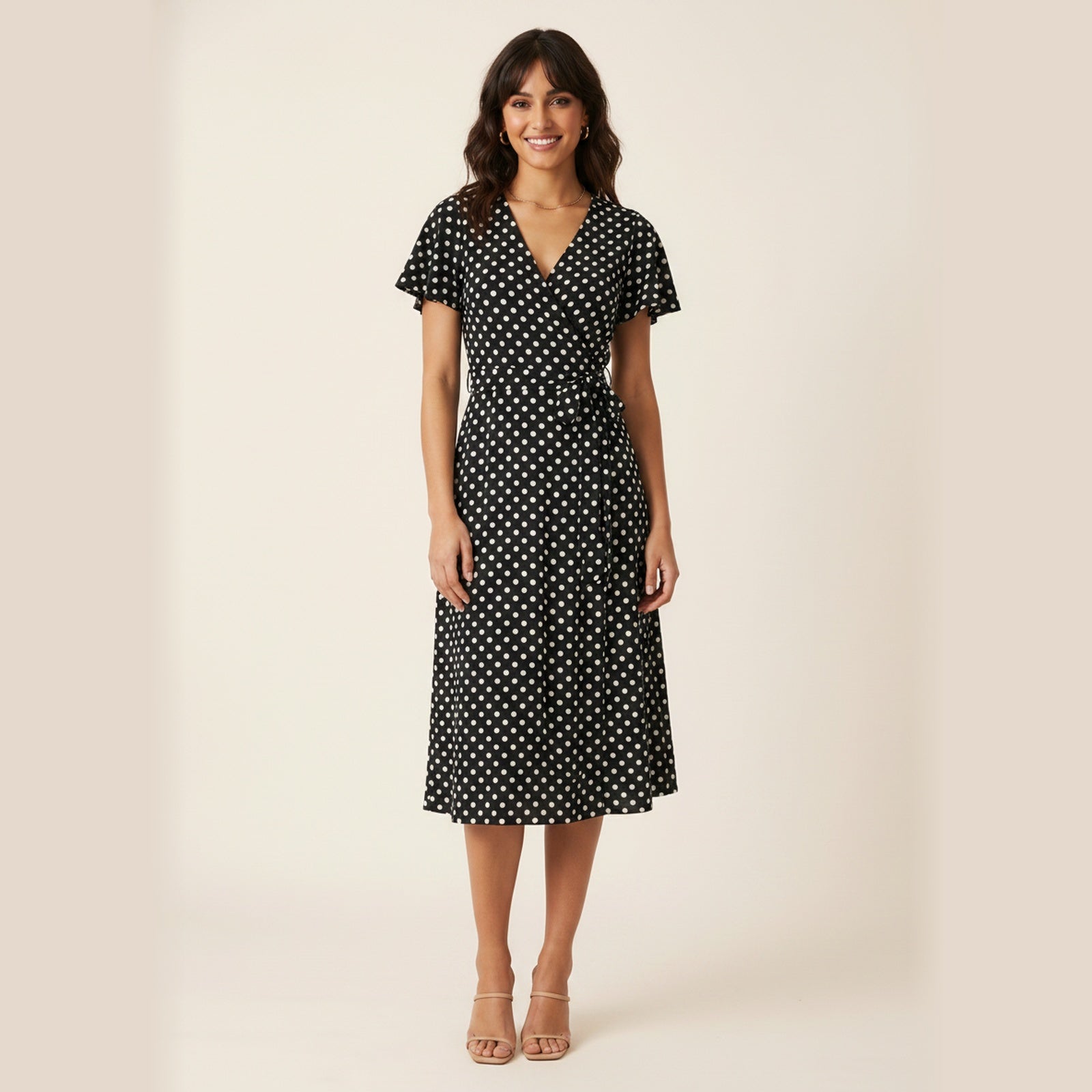 Dotty | Women's Polka Dot Wrap Midi Dress - Hero Front