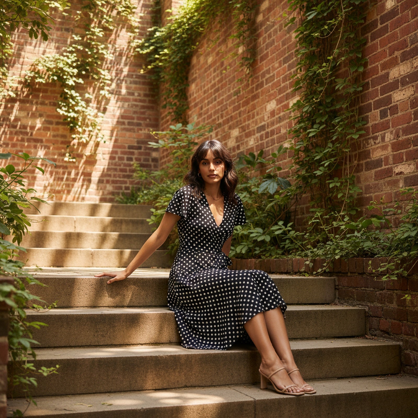 Dotty | Women's Polka Dot Wrap Midi Dress - Lifestyle Editorial