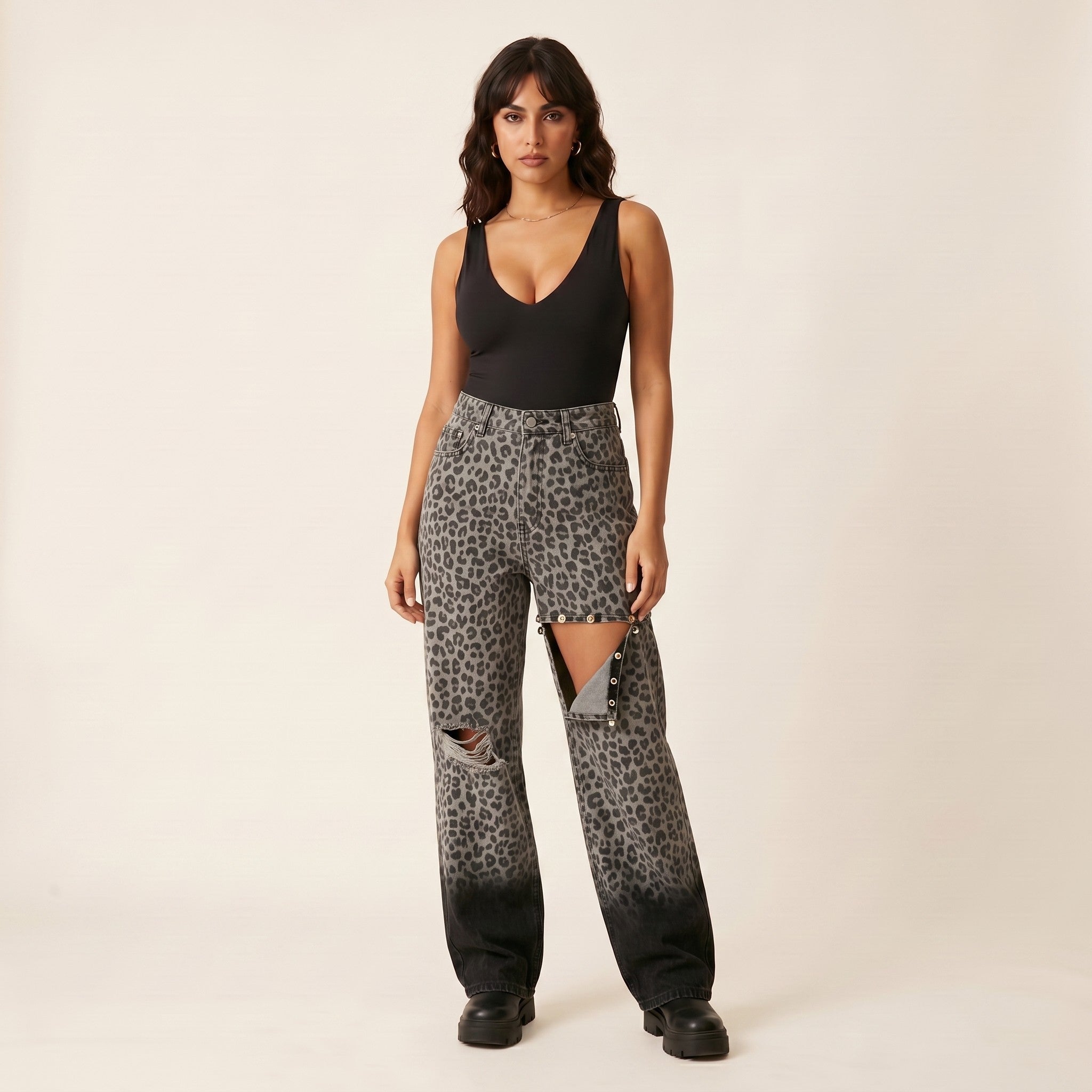Blaze | Leopard Fade Baggy Jeans - Grey Leopard