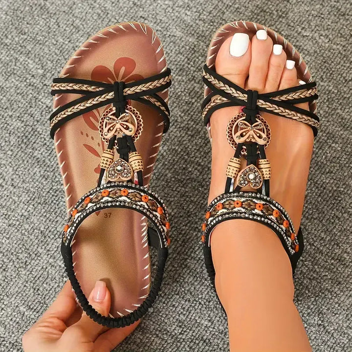 Colella | Elegant sandals decorated with flowers and a rhinestone butterfly