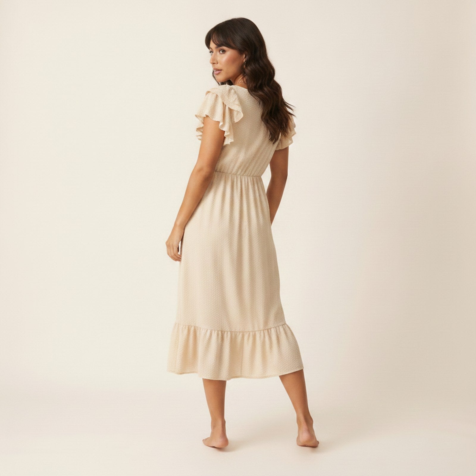 AIv2: Uma | Women's Textured Ruffle Midi Dress — Ecru - Back View