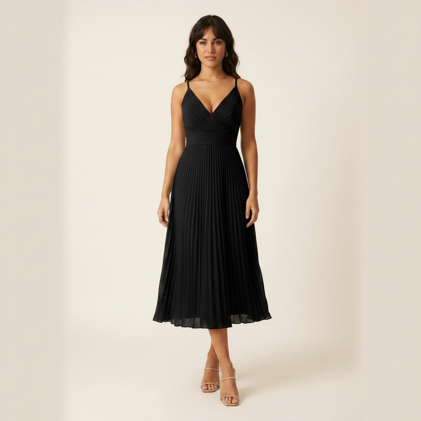 Elegance Pleated Chiffon Midi Dress - Black