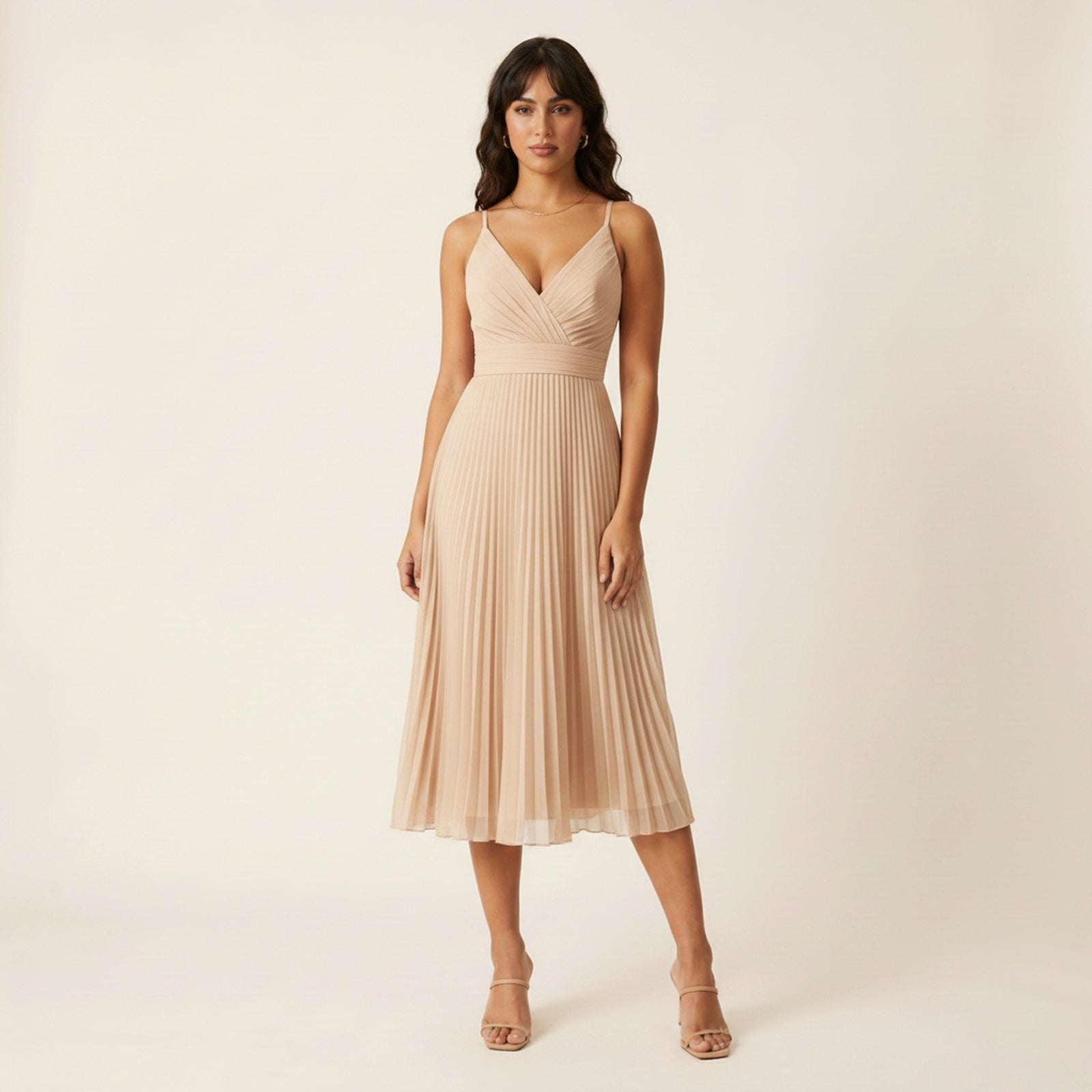 Elegance Pleated Chiffon Midi Dress - Champagne