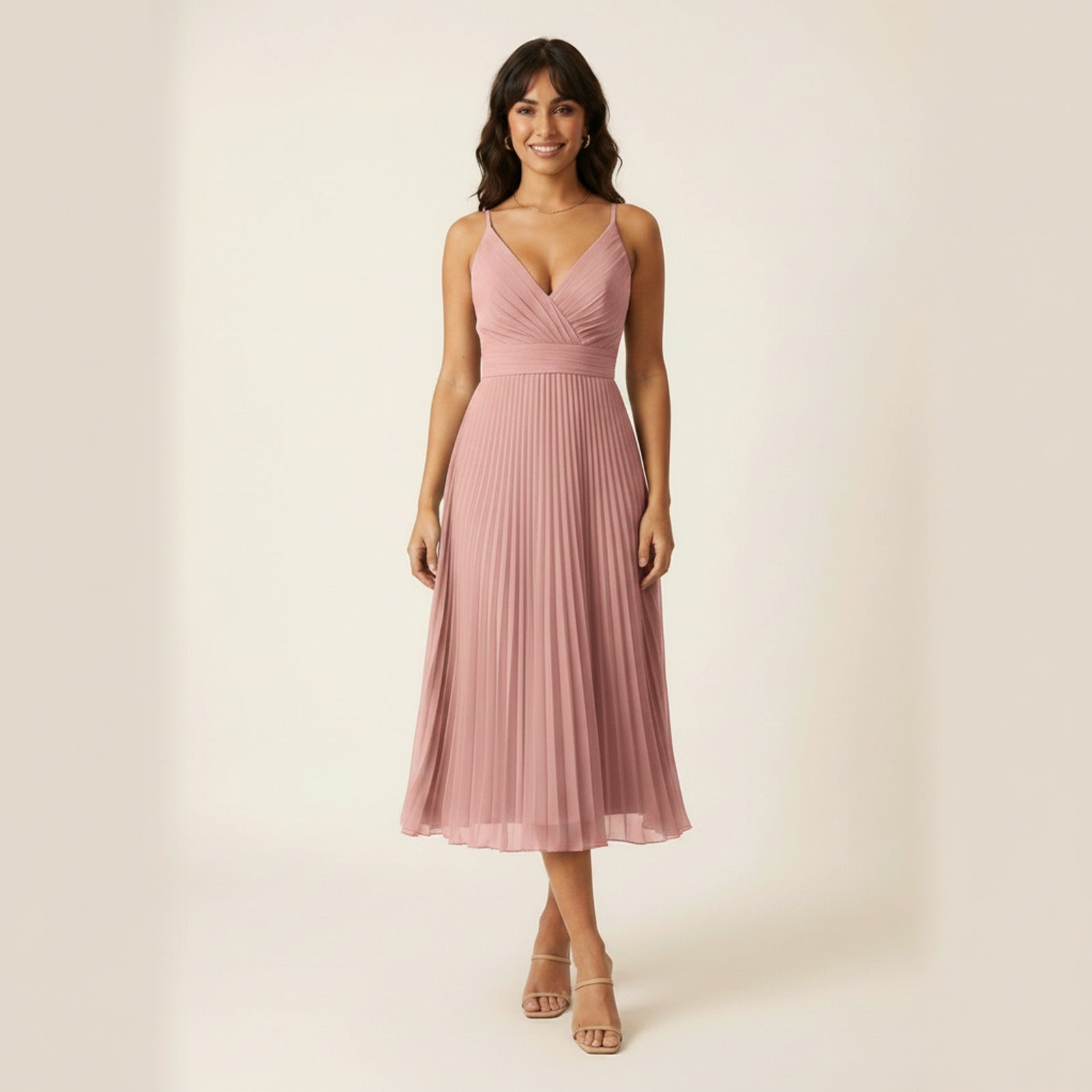 Elegance Pleated Chiffon Midi Dress - Dusty Rose