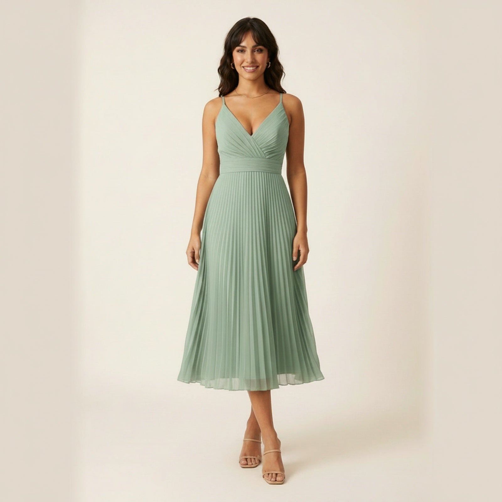 Elegance Pleated Chiffon Midi Dress - Sage