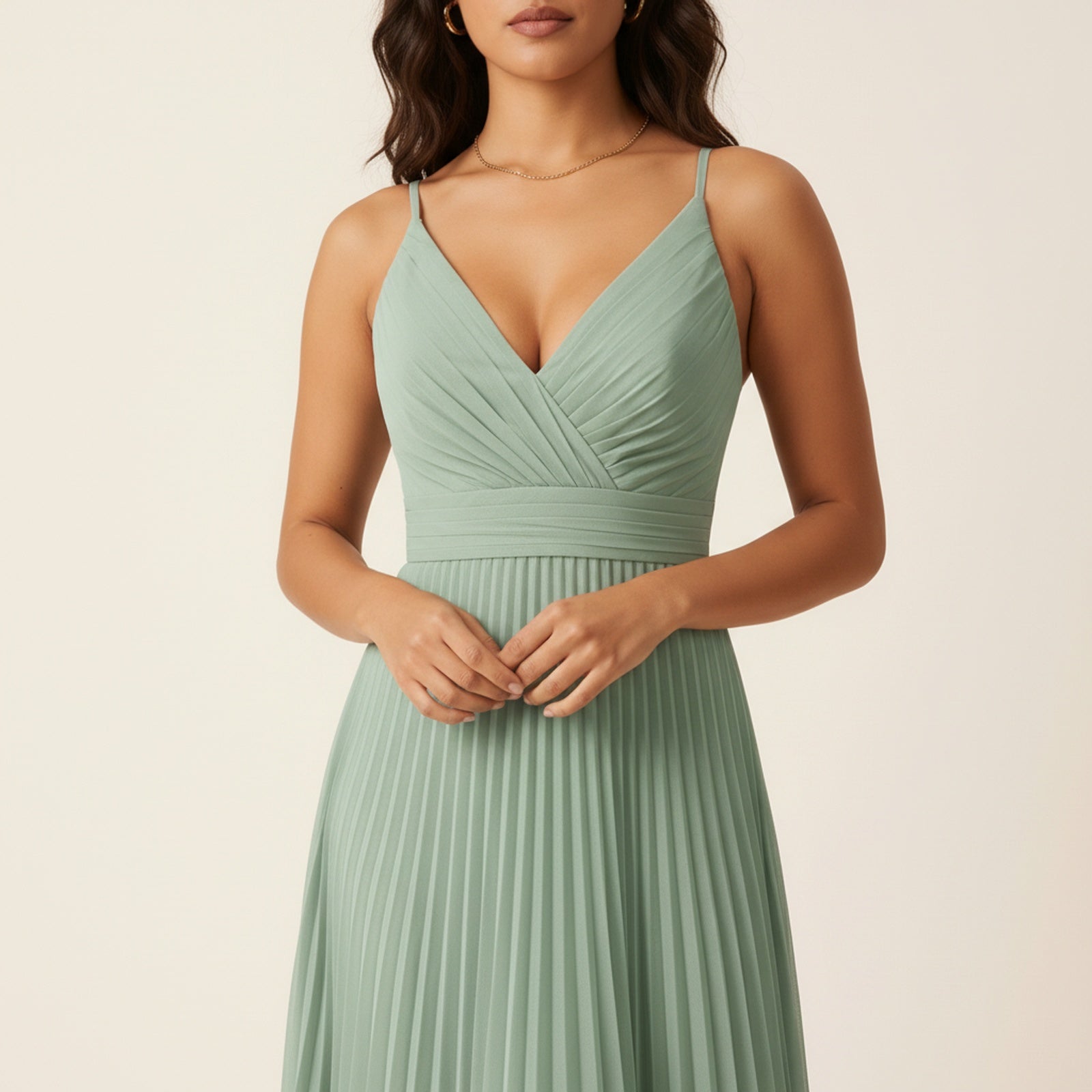 Elegance | Women's Pleated Chiffon Midi Dress - Detail Close-up