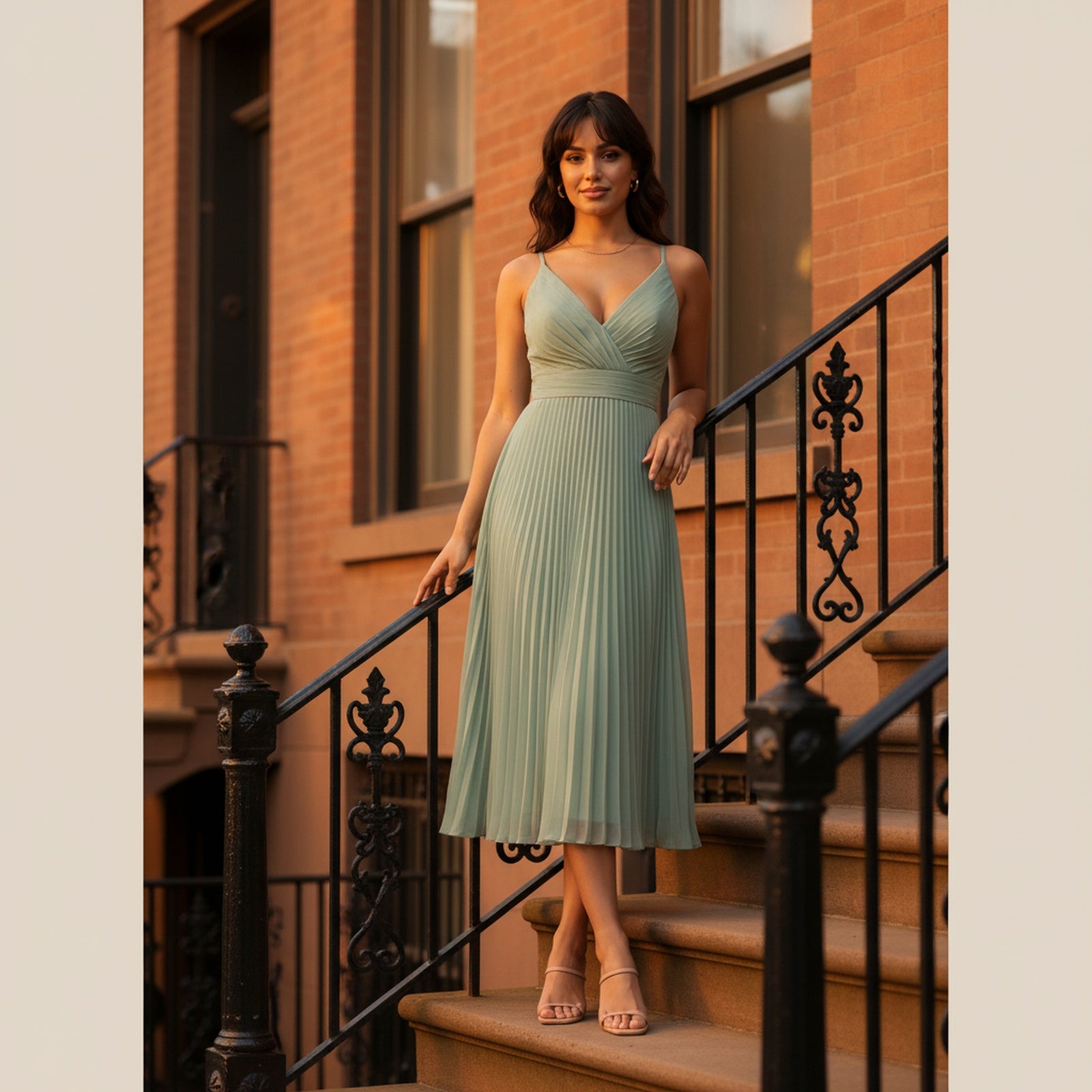 Elegance | Women's Pleated Chiffon Midi Dress - Lifestyle Golden Hour