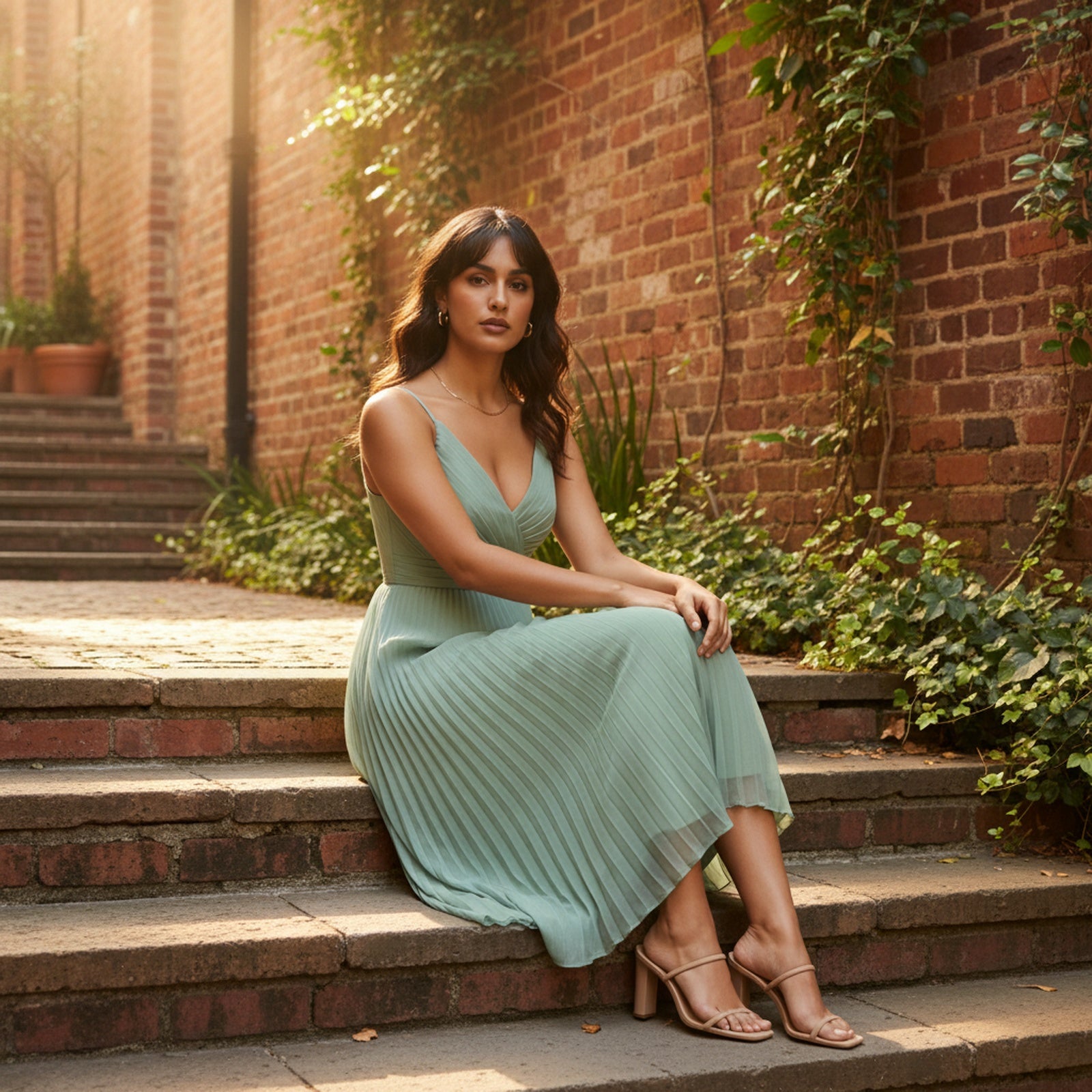 Elegance | Women's Pleated Chiffon Midi Dress - Lifestyle Editorial