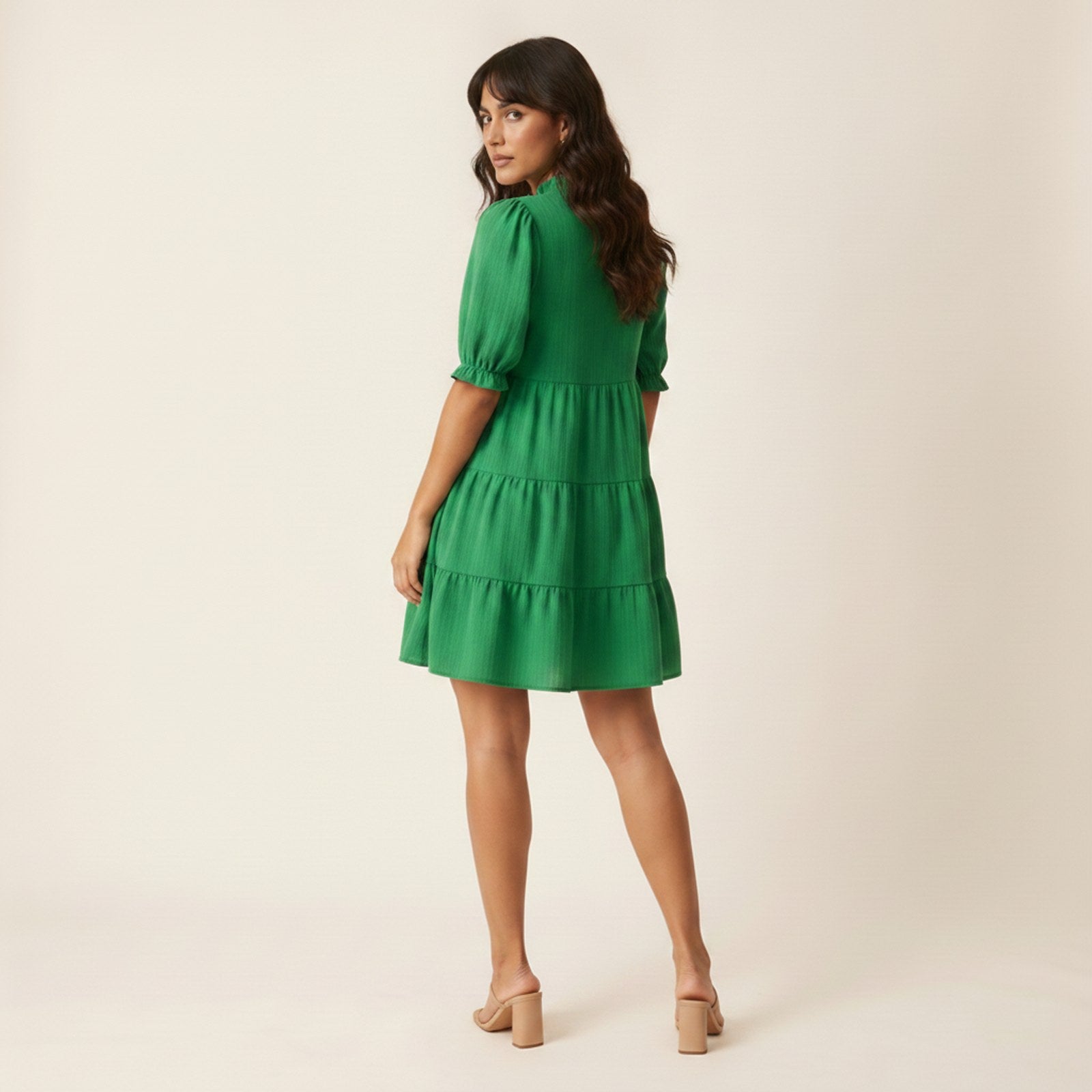 AIv2: Faye | Women's Puff Sleeve Tiered Babydoll Dress - Back View