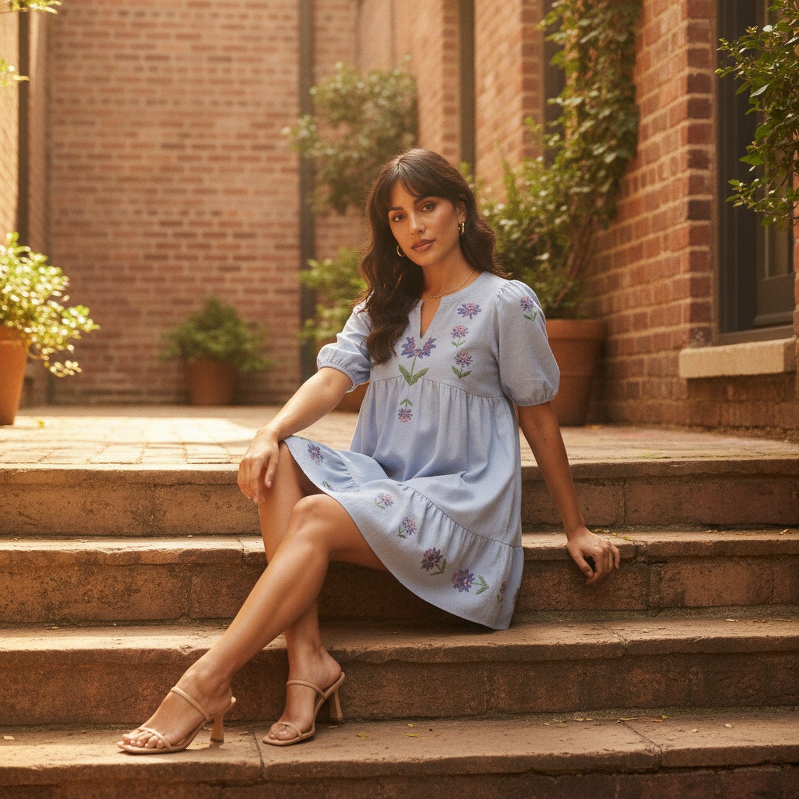 AIv2: Florence Embroidered Floral Babydoll Dress — Misty Blue - Editorial