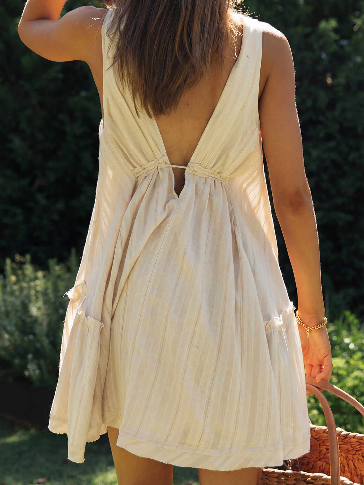 Flowy Deep V Tie Waist Vertical Stripe Resort Babydoll Mini Sundress