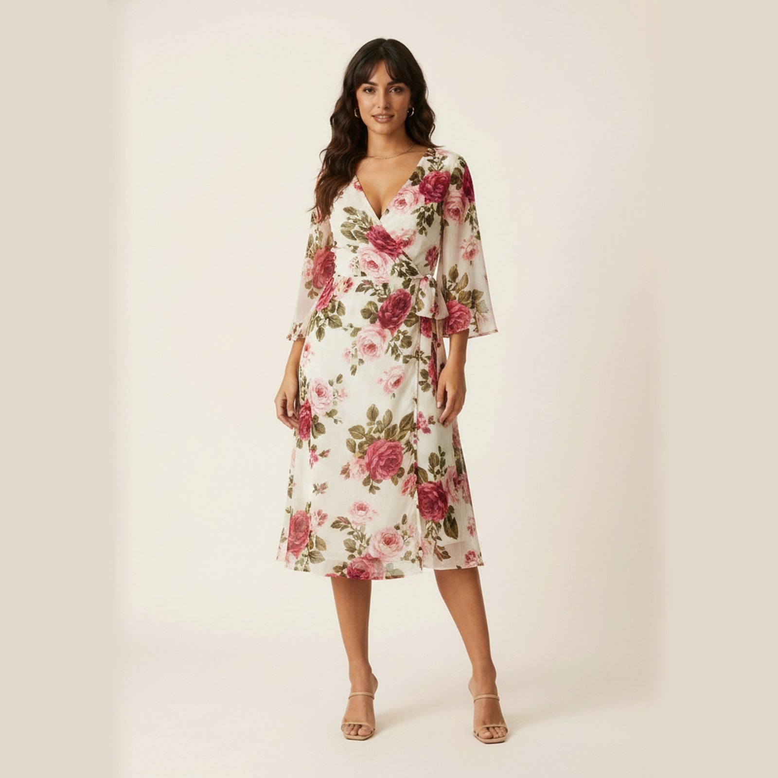 Garden Gala Chiffon Wrap Midi Dress - Rose Floral