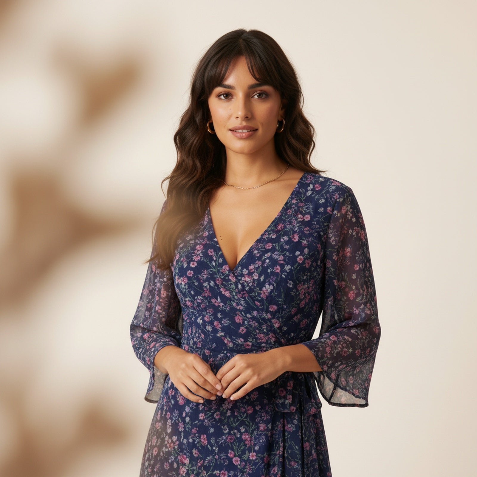 Garden Gala | Women's Chiffon Wrap Midi Dress - Detail Close-up