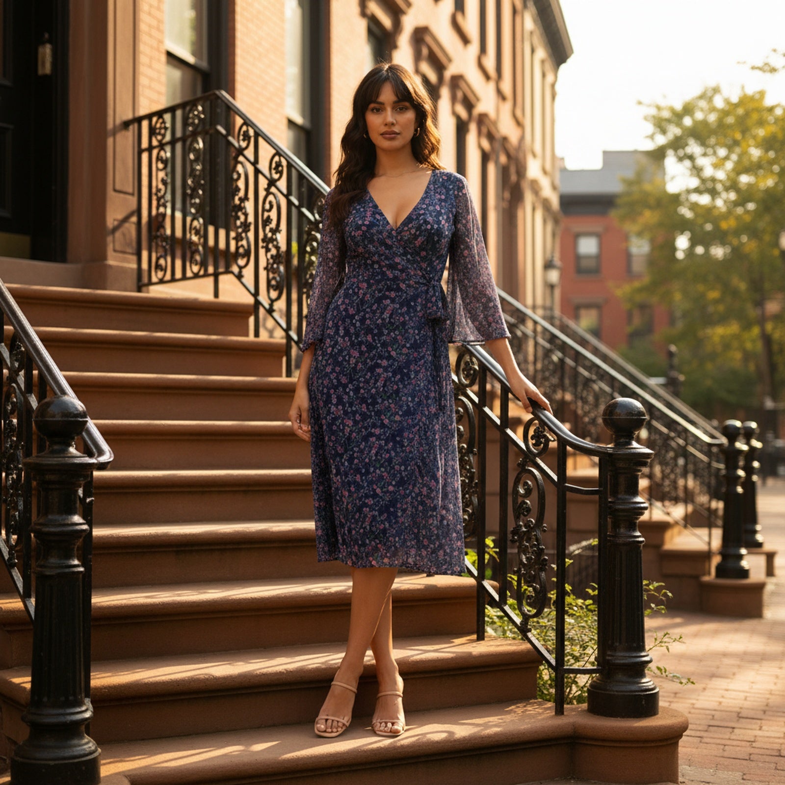 Garden Gala | Women's Chiffon Wrap Midi Dress - Lifestyle Golden Hour