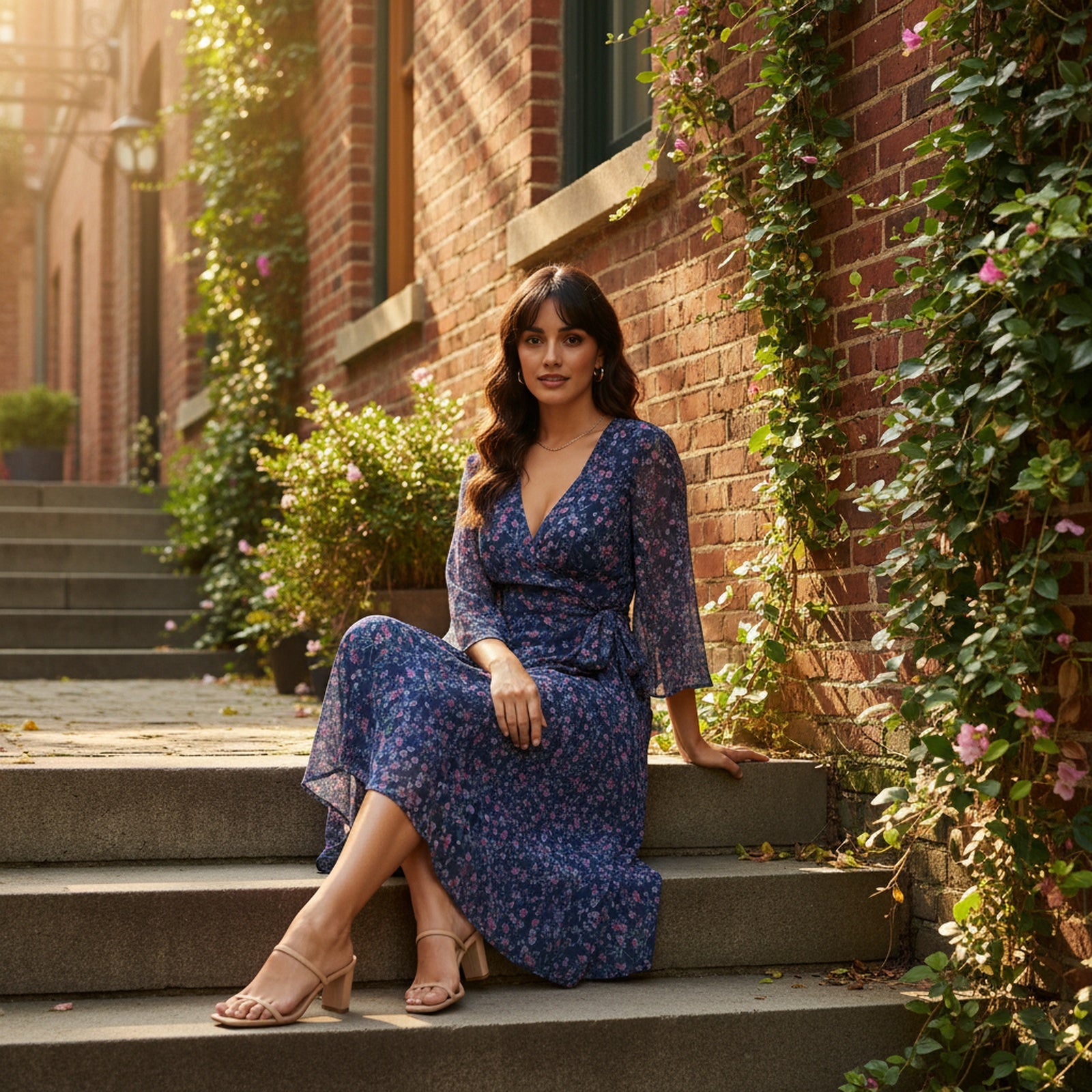 Garden Gala | Women's Chiffon Wrap Midi Dress - Lifestyle Editorial