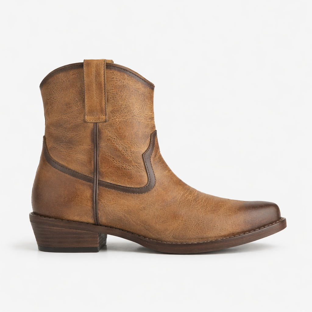 Women’s Brown Minimal Western Ankle Boots - Round Toe
