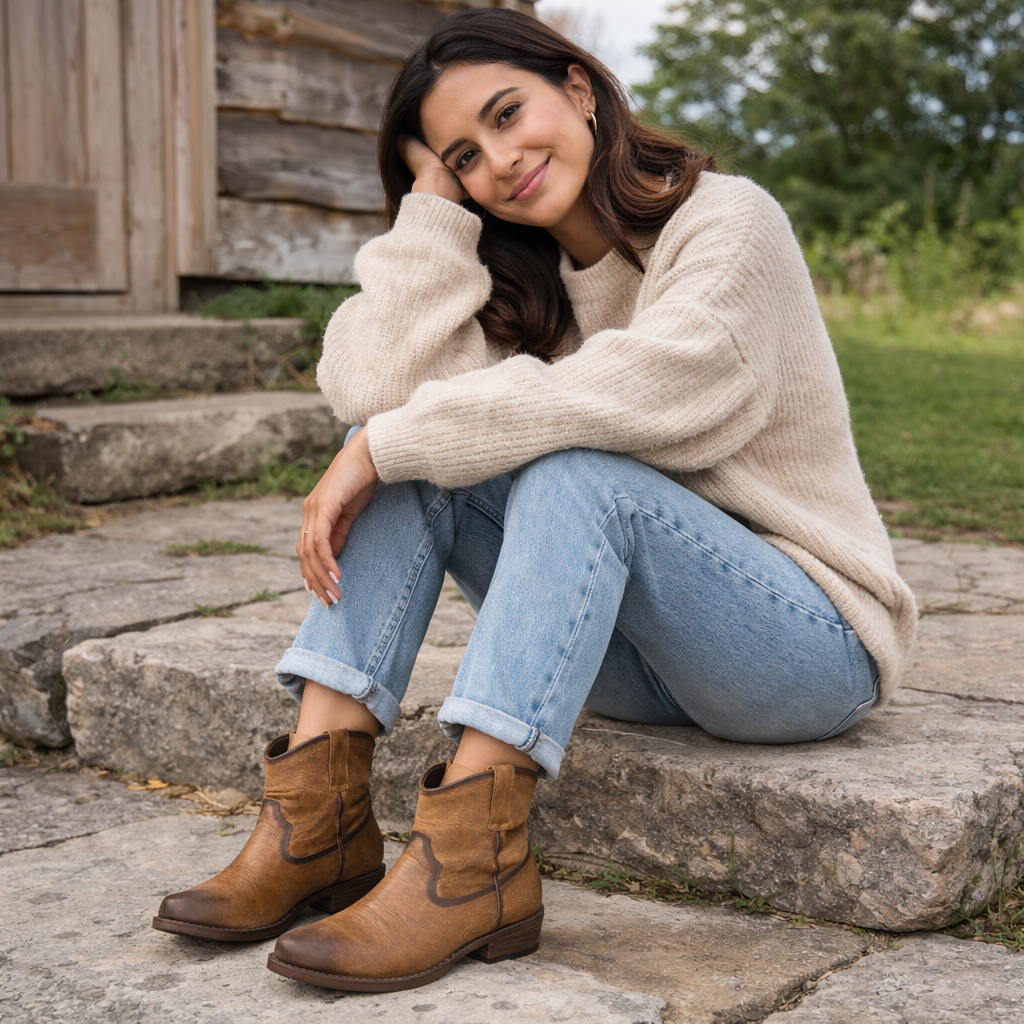 Women’s Brown Minimal Western Ankle Boots - Round Toe