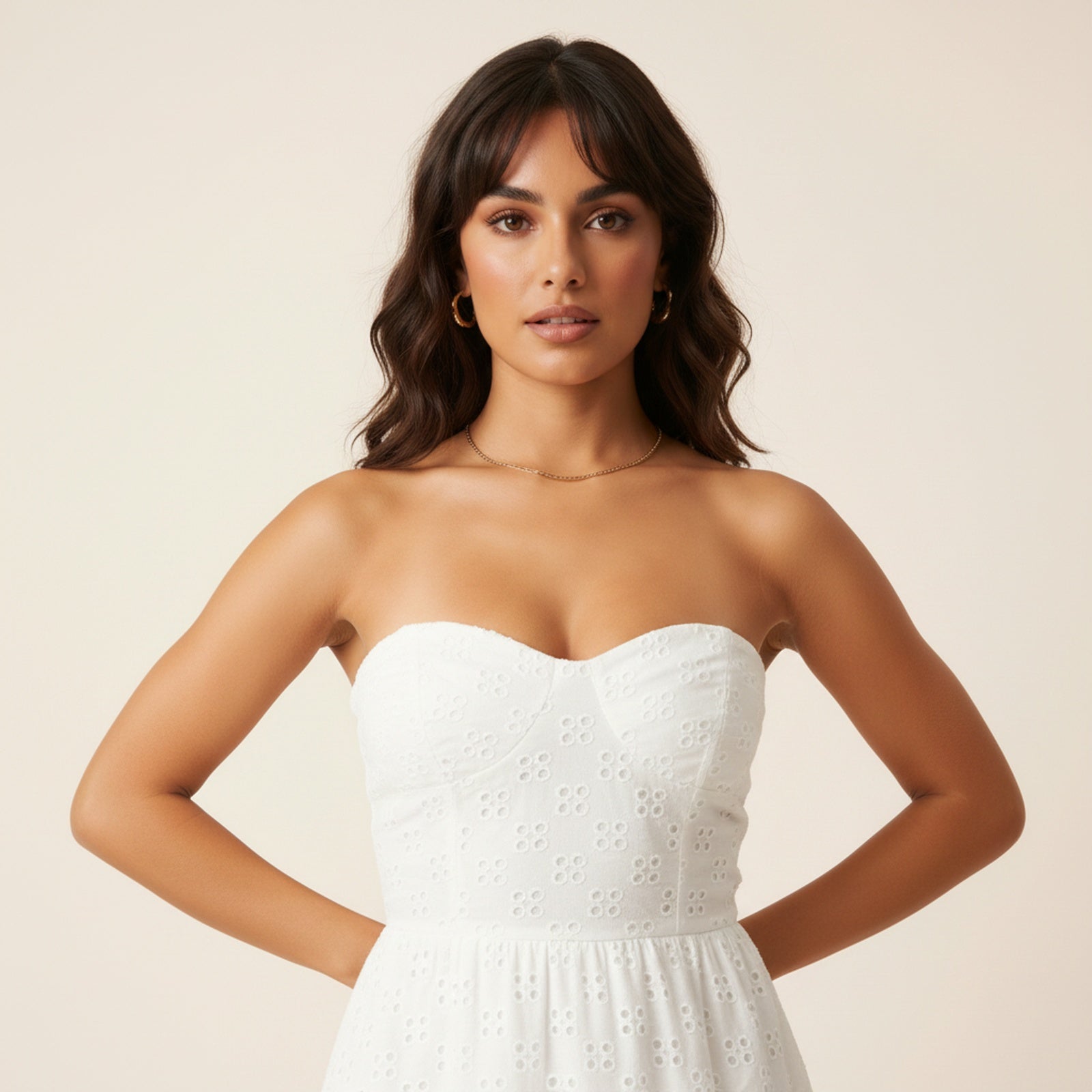 Island Vibes | Women's Strapless Eyelet Mini Dress - Detail Close-up