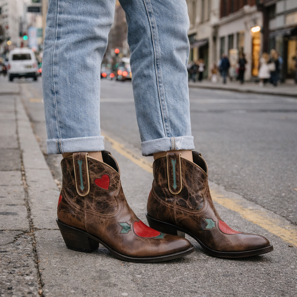 Women’s Dark Brown Western Ankle Boots - Almond Toe