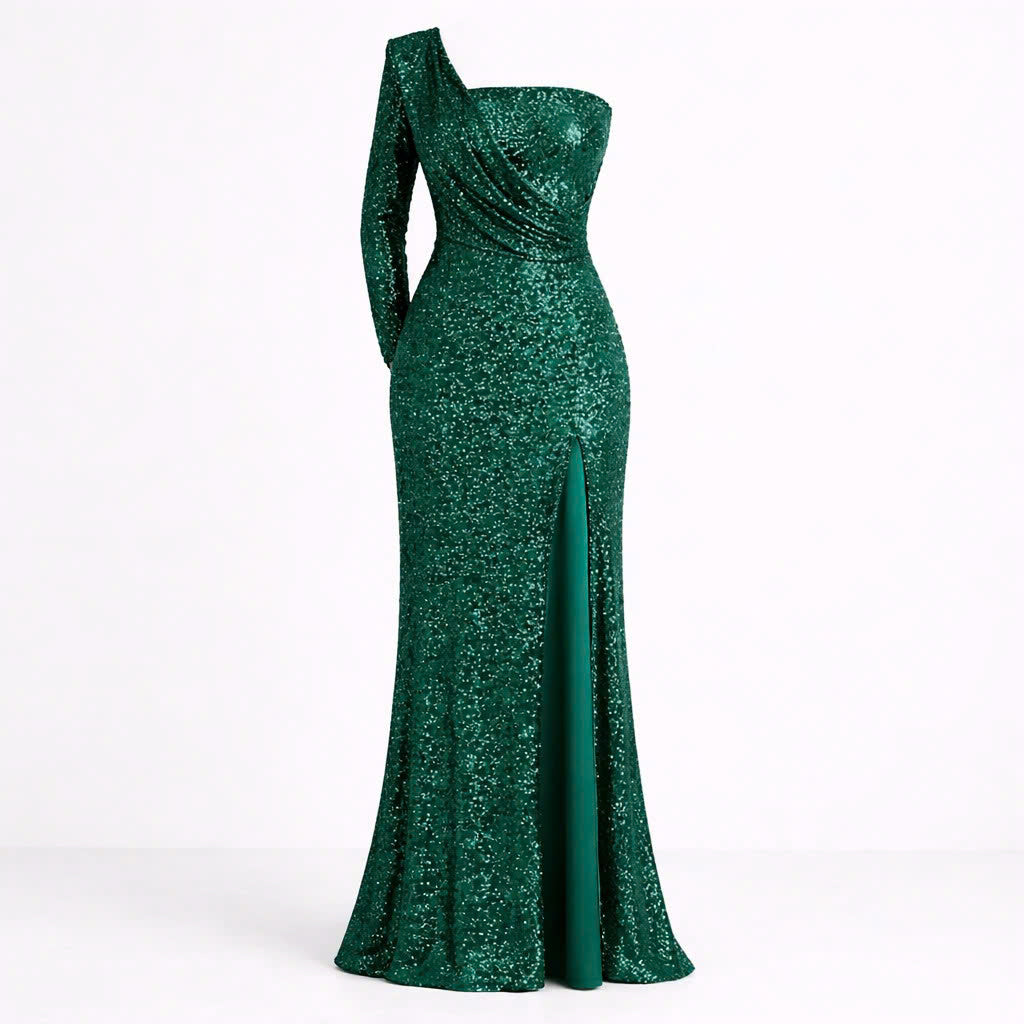 Women’s Emerald One Shoulder Maxi Dress - Light-Reflective Detail