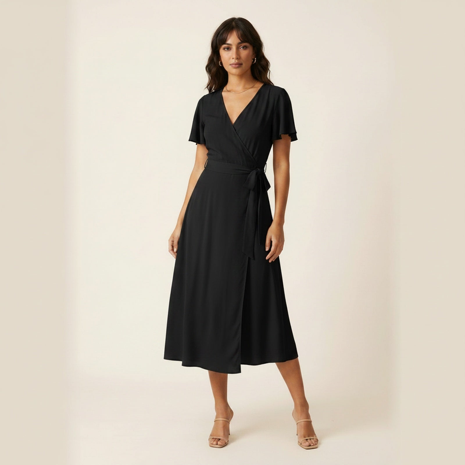 Ocean Breeze Wrap Front Midi Dress - Black